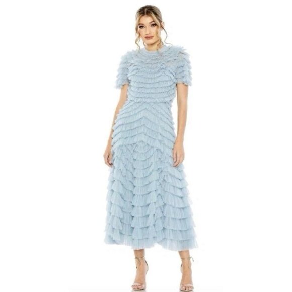 Anthropologie Mac Duggal 8055 Blue Ruffled Tiered Midi Tea Length Dress Size 10